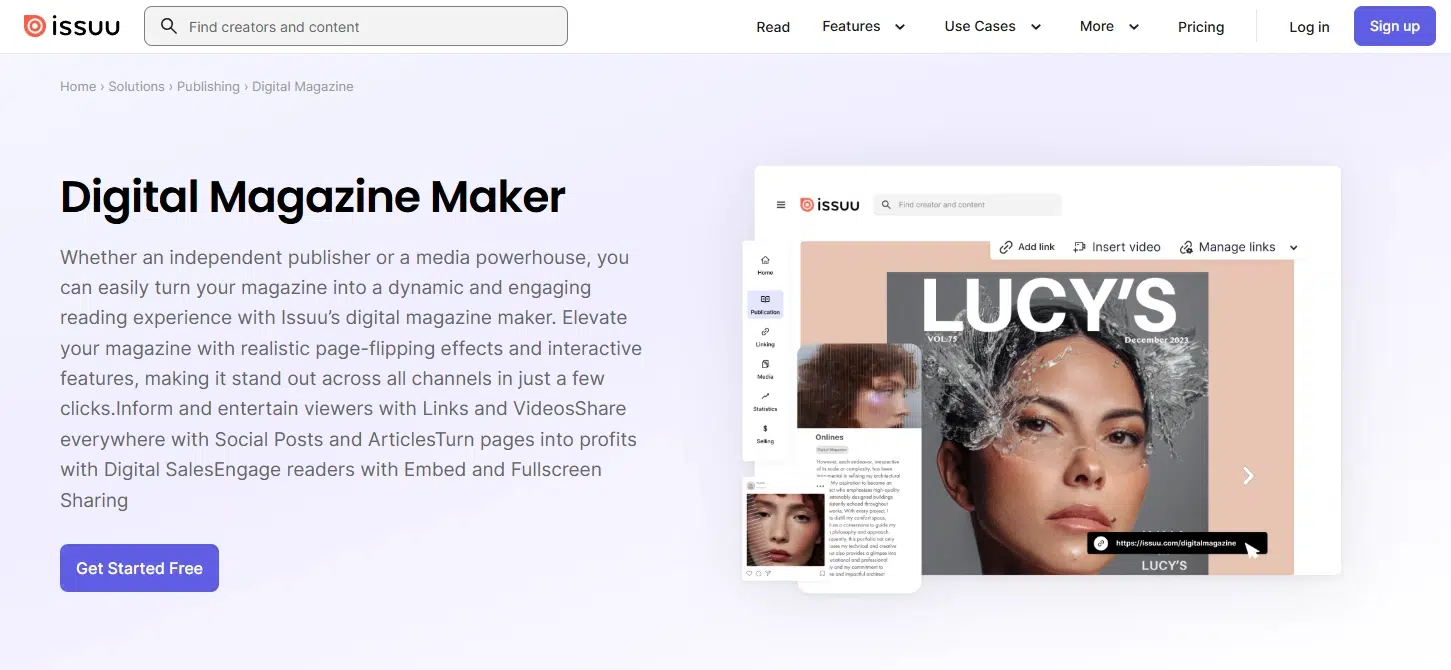 Issuu Digital Magazine Maker page with an interactive magazine preview