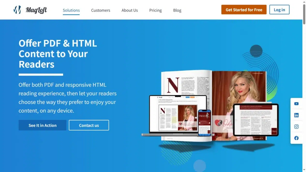 MagLoft PDF and HTML magazine reading displayed on desktop, tablet, and phone