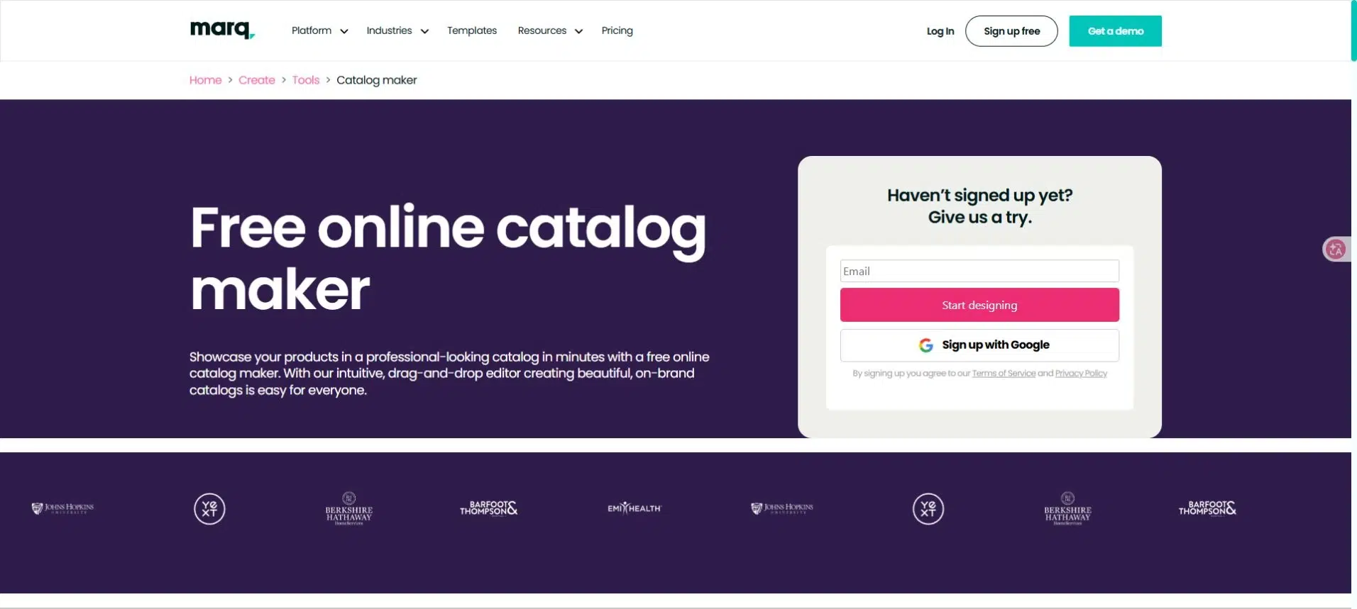 Marq online catalog maker page for designing product catalogs
