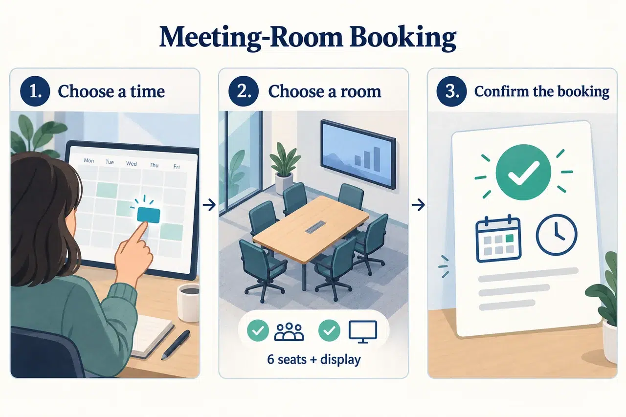 Meeting-room booking video SOP: choose a time, select a room with six seats and a display, then confirm