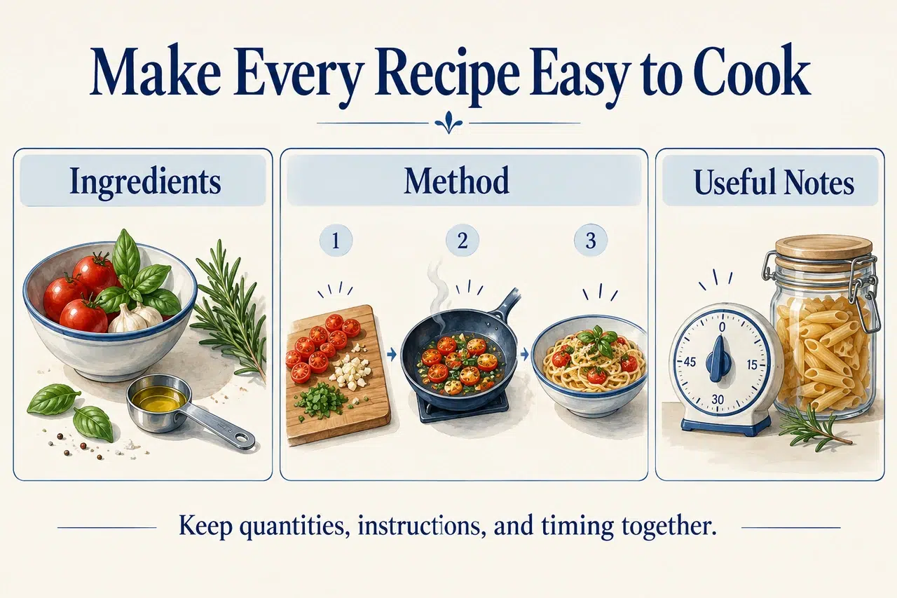 Recipe-page planning with ingredients, cooking stages, a timer, and storage notes