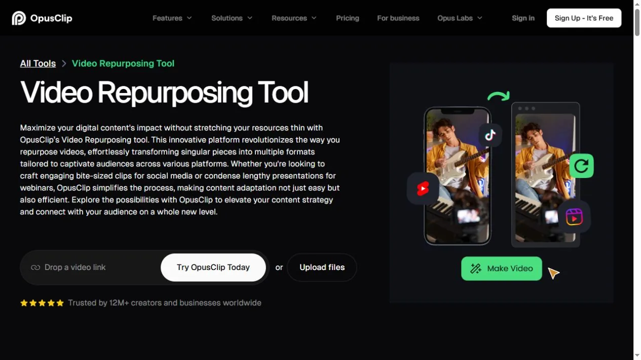 OpusClip video repurposing tool page