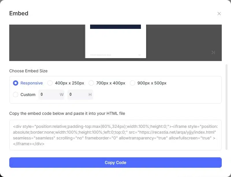 Responsive and fixed-size options for embedding a Recastia flipbook