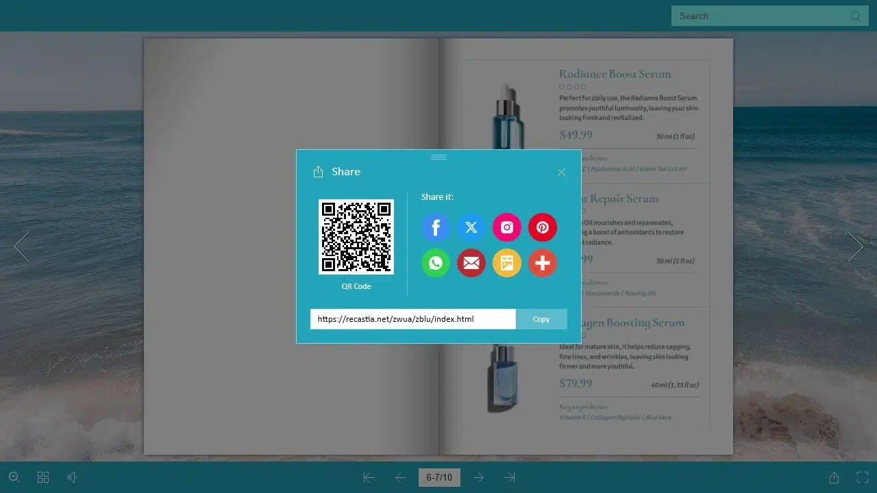 Flipbook sharing panel with a book link and QR code