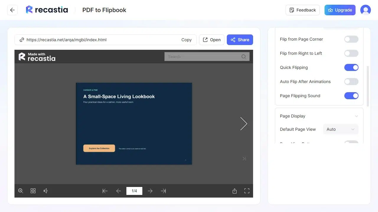 Page Display options in the Recastia flipbook editor