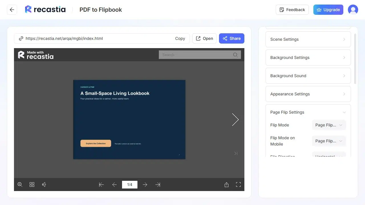 Page Flip Settings in the Recastia flipbook editor