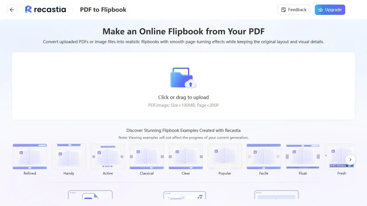PDF upload area in the Recastia Flipbook Maker