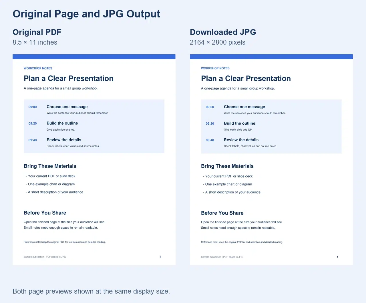 Original PDF agenda and converted JPG at the same display size, with the JPG measuring 2164 by 2800 pixels