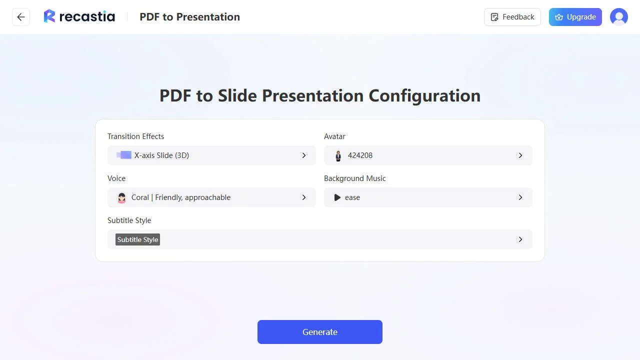 Recastia presentation configuration screen