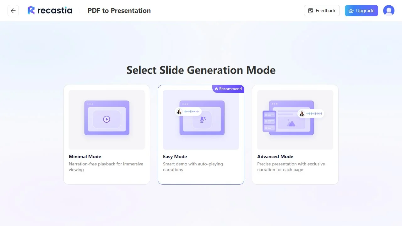 Minimal, Easy, and Advanced presentation modes in Recastia