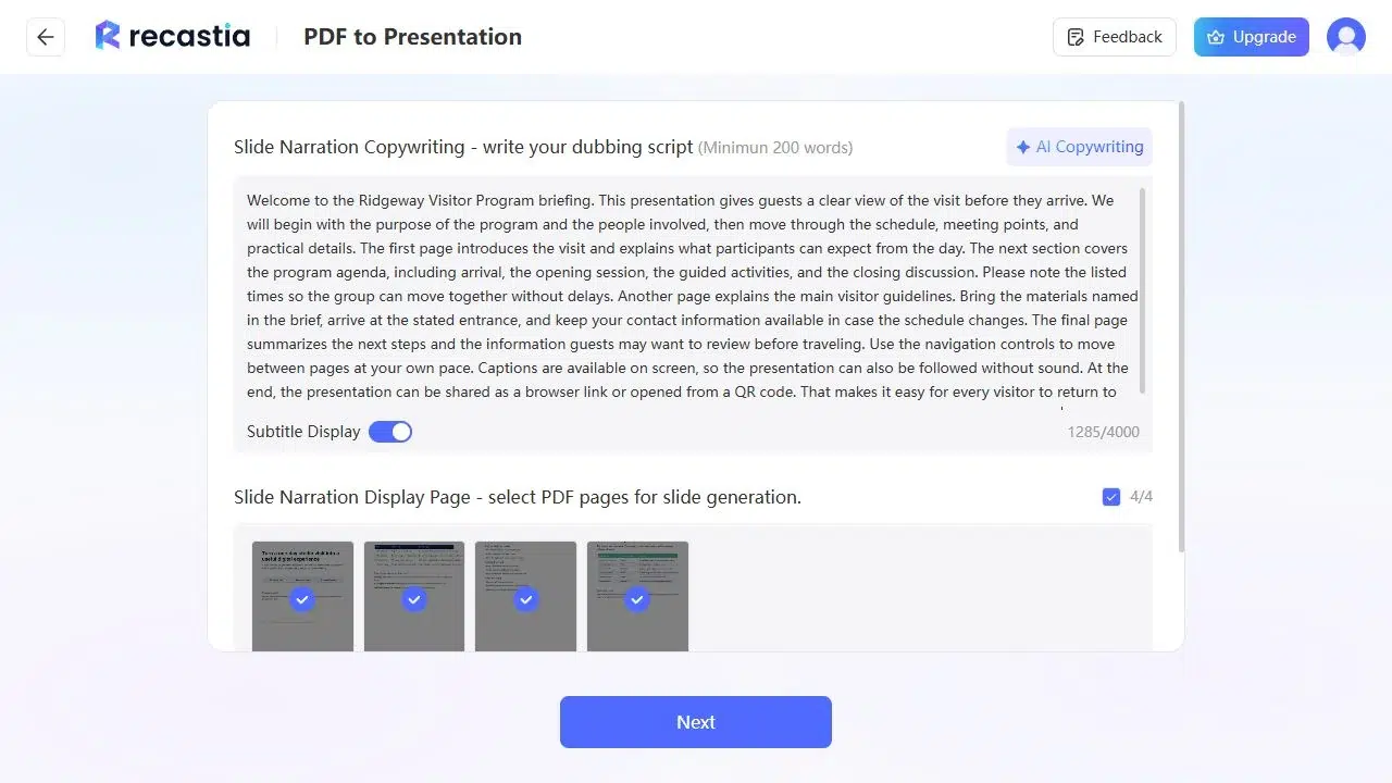Narration script and PDF page selection in Recastia