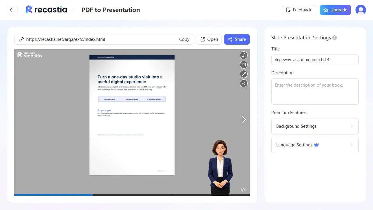 Generated PDF presentation in the Recastia editor