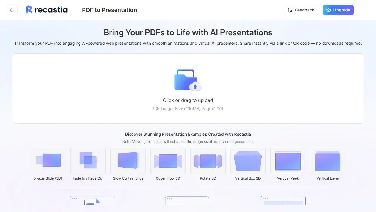 Upload area in the Recastia PDF to Presentation tool