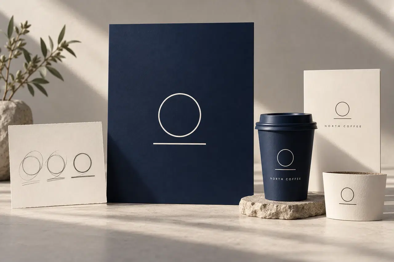 Cafe branding portfolio presentation showing an early logo sketch, a refined cup mark, and coordinated packaging