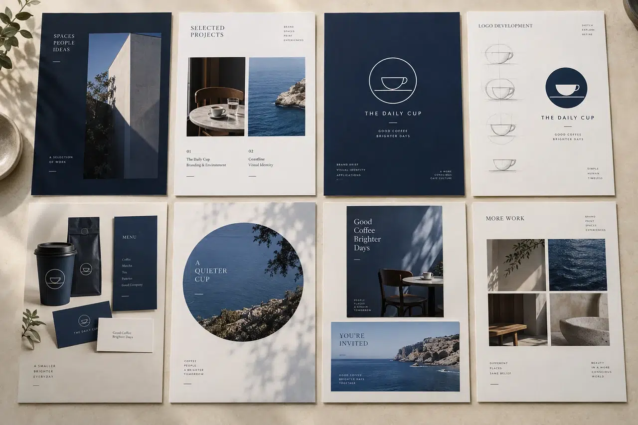 Eight portfolio pages arranged in sequence to present selected projects, design decisions, and finished work