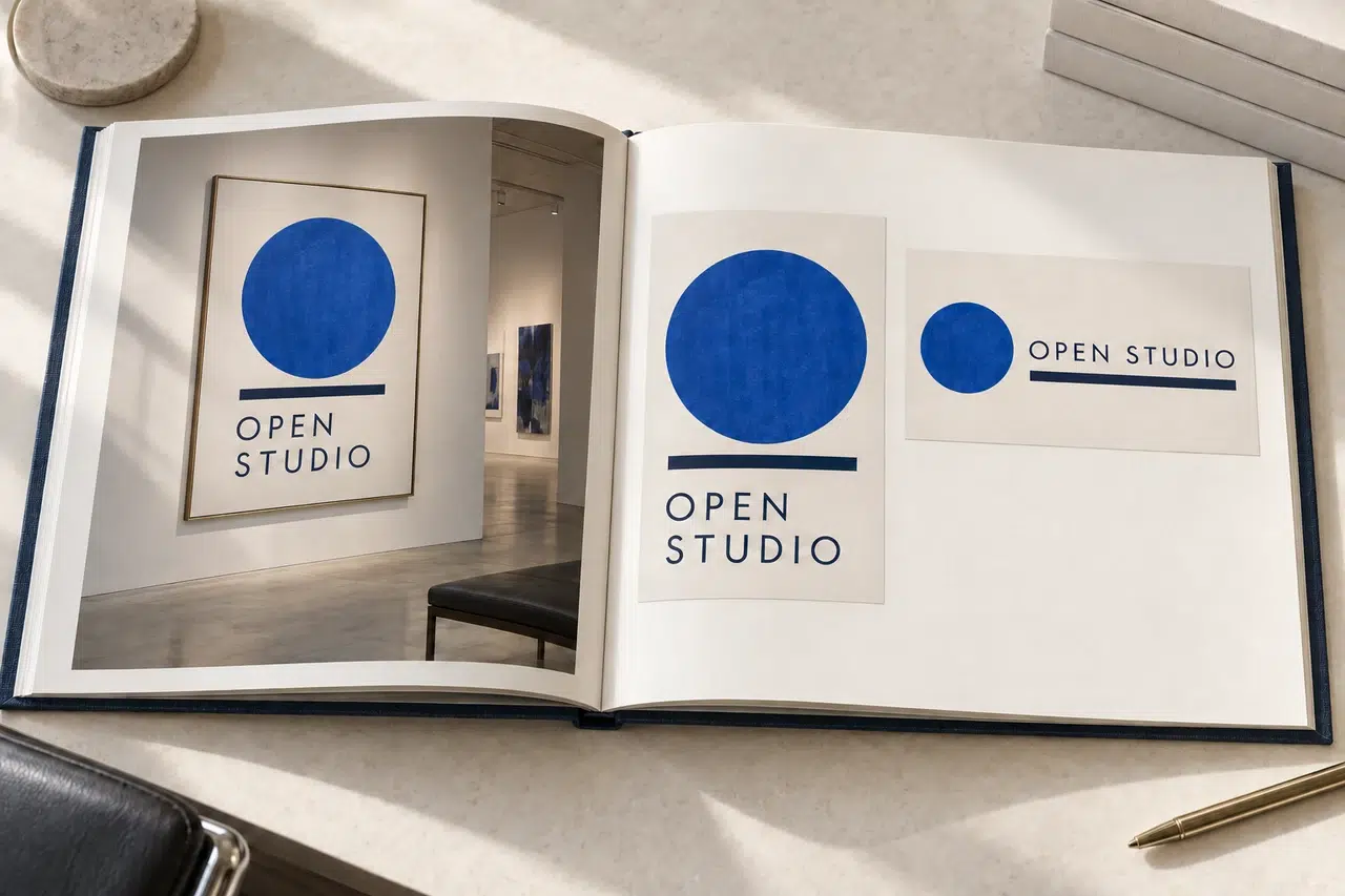 Open design portfolio displaying a portrait Open Studio poster and a matching landscape invitation