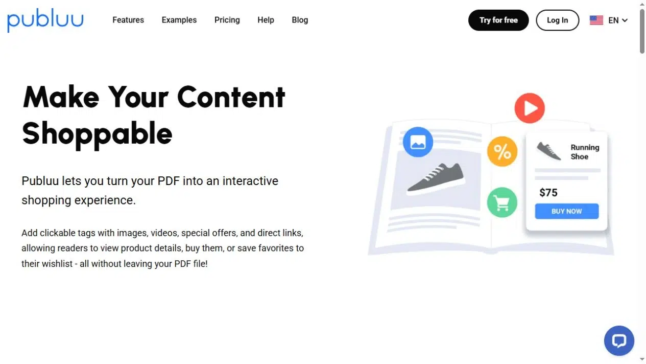 Publuu shoppable content page illustrating clickable product tags in a flipbook