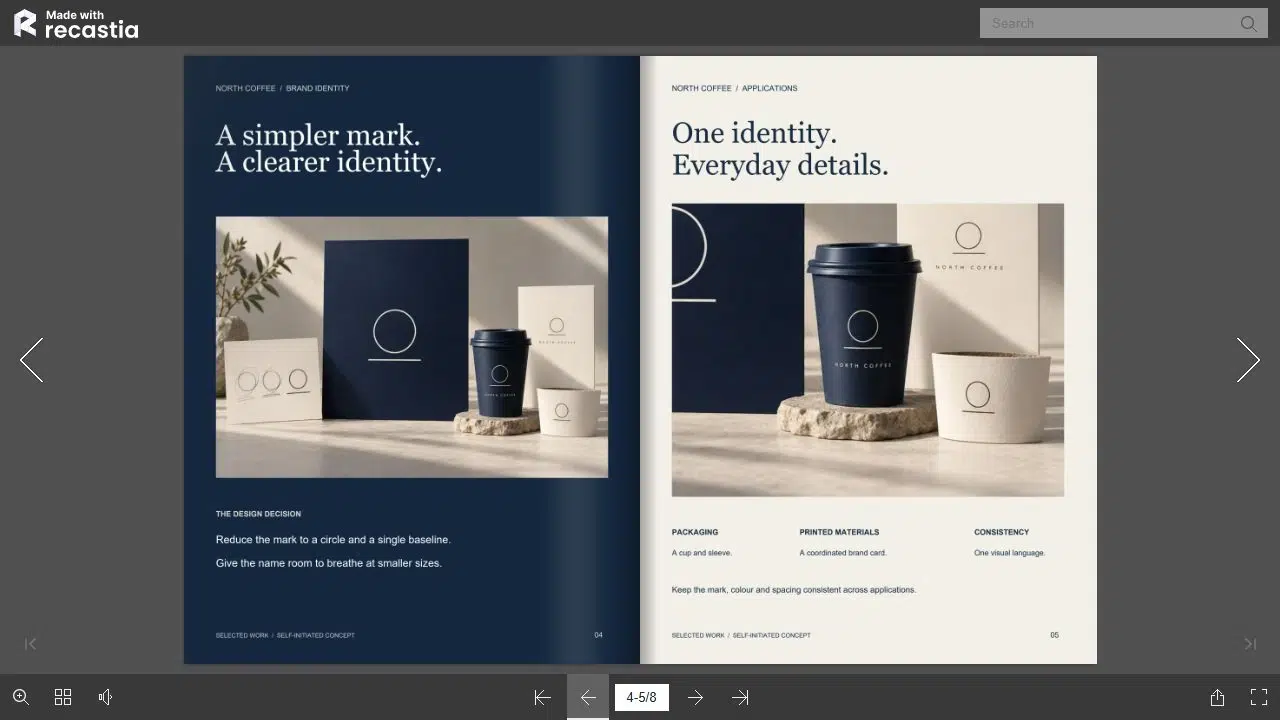 Recastia flipbook reader showing a navy and ivory North Coffee portfolio spread with brand identity and packaging