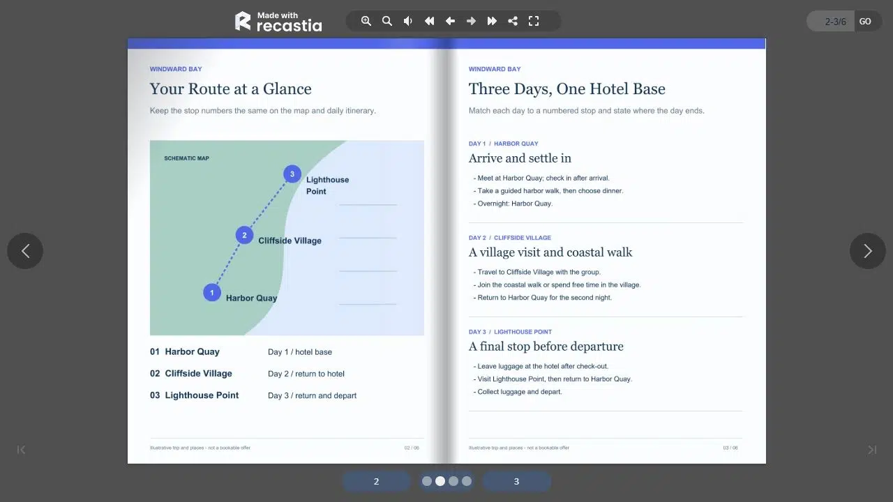 Recastia flipbook displaying the sample route map and daily itinerary on facing pages