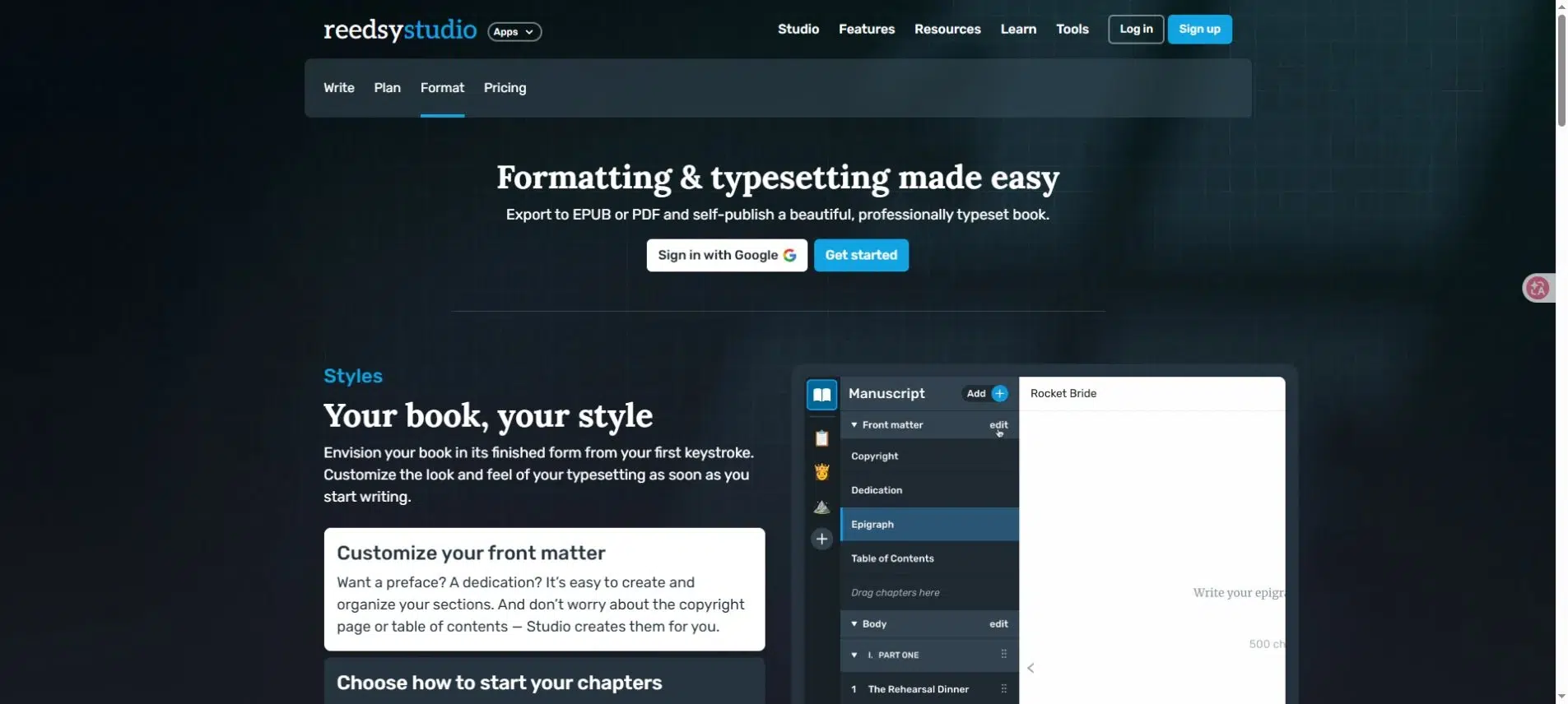 Reedsy Studio book formatting page with manuscript sections and a typesetting preview