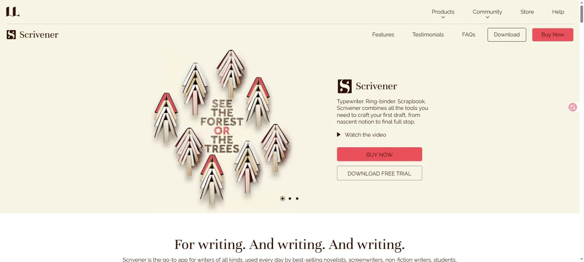 Scrivener writing software homepage with book artwork and product introduction