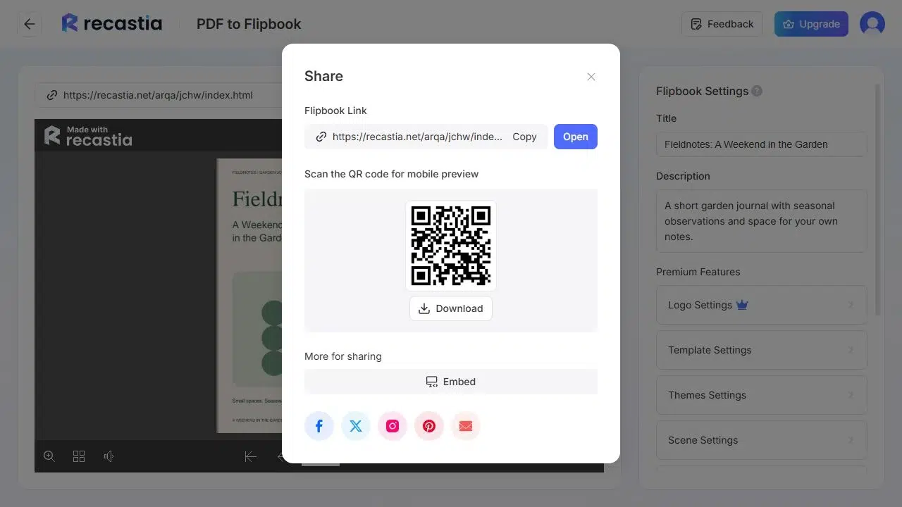 Recastia Share panel with a flipbook link, QR code, and Embed option