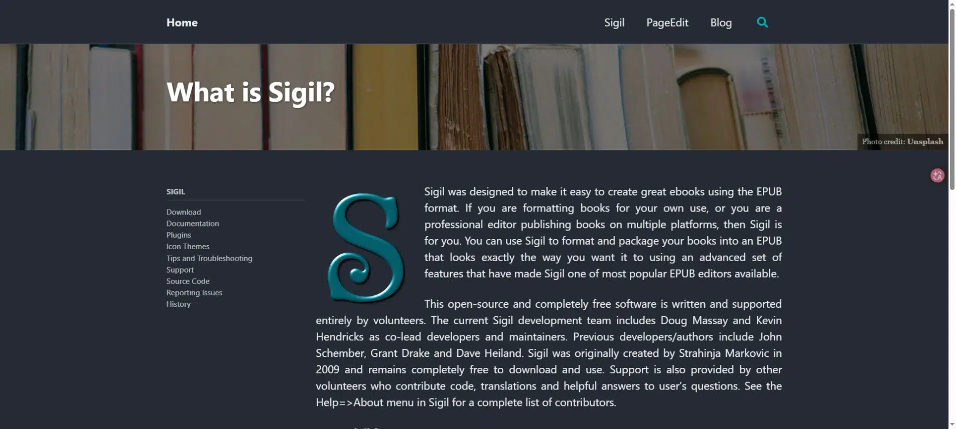 Sigil official page introducing its open-source EPUB ebook editor