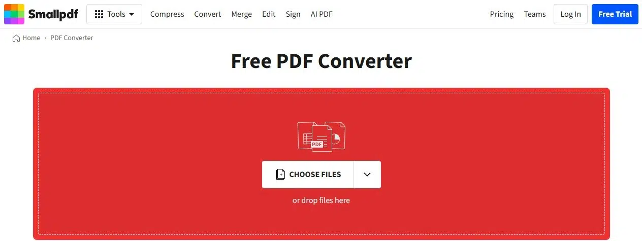 Smallpdf PDF Converter page with its Choose Files upload area