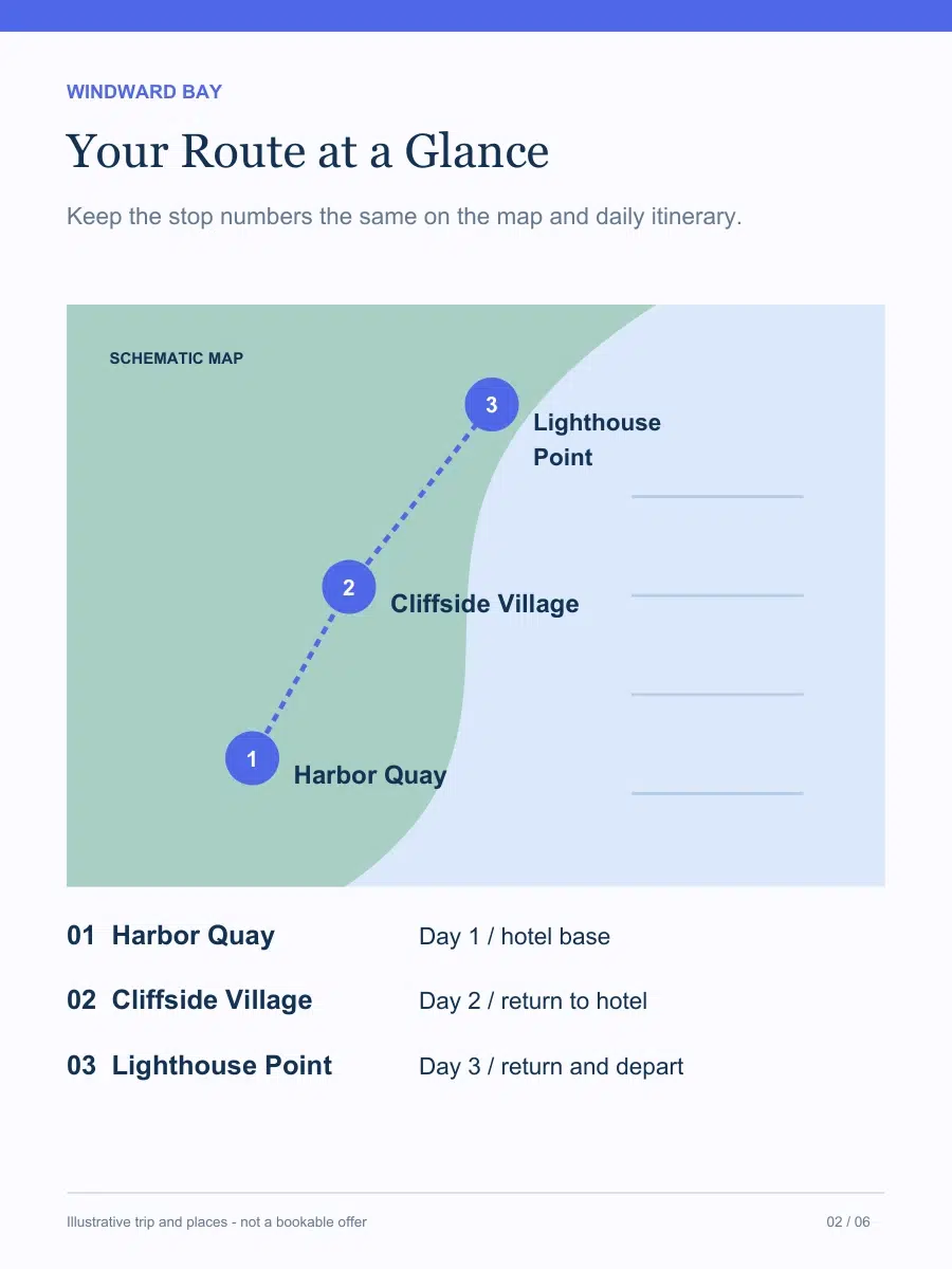 Schematic Windward Bay route with Harbor Quay, Cliffside Village and Lighthouse Point matched to days one, two and three