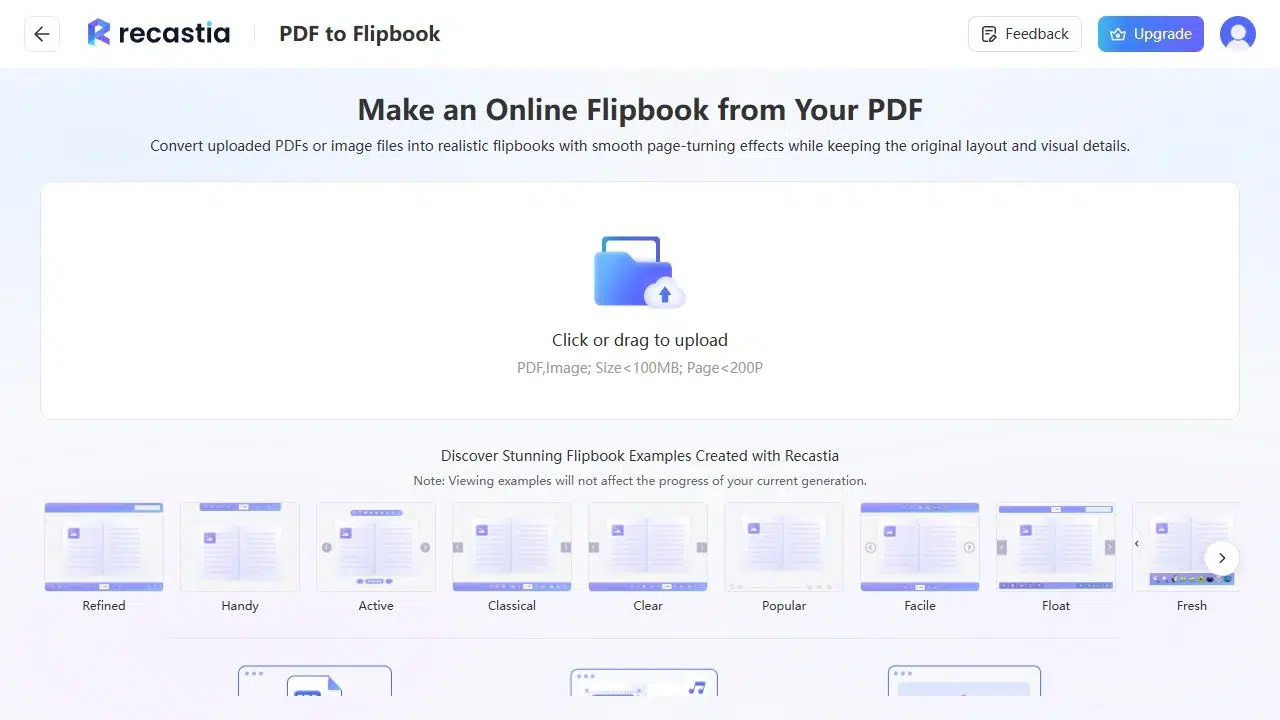 PDF upload area in the free Recastia Flipbook Maker