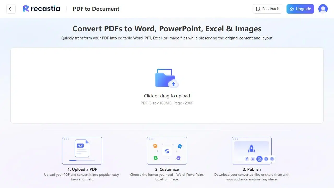Upload a PDF to the Recastia PDF to PowerPoint converter