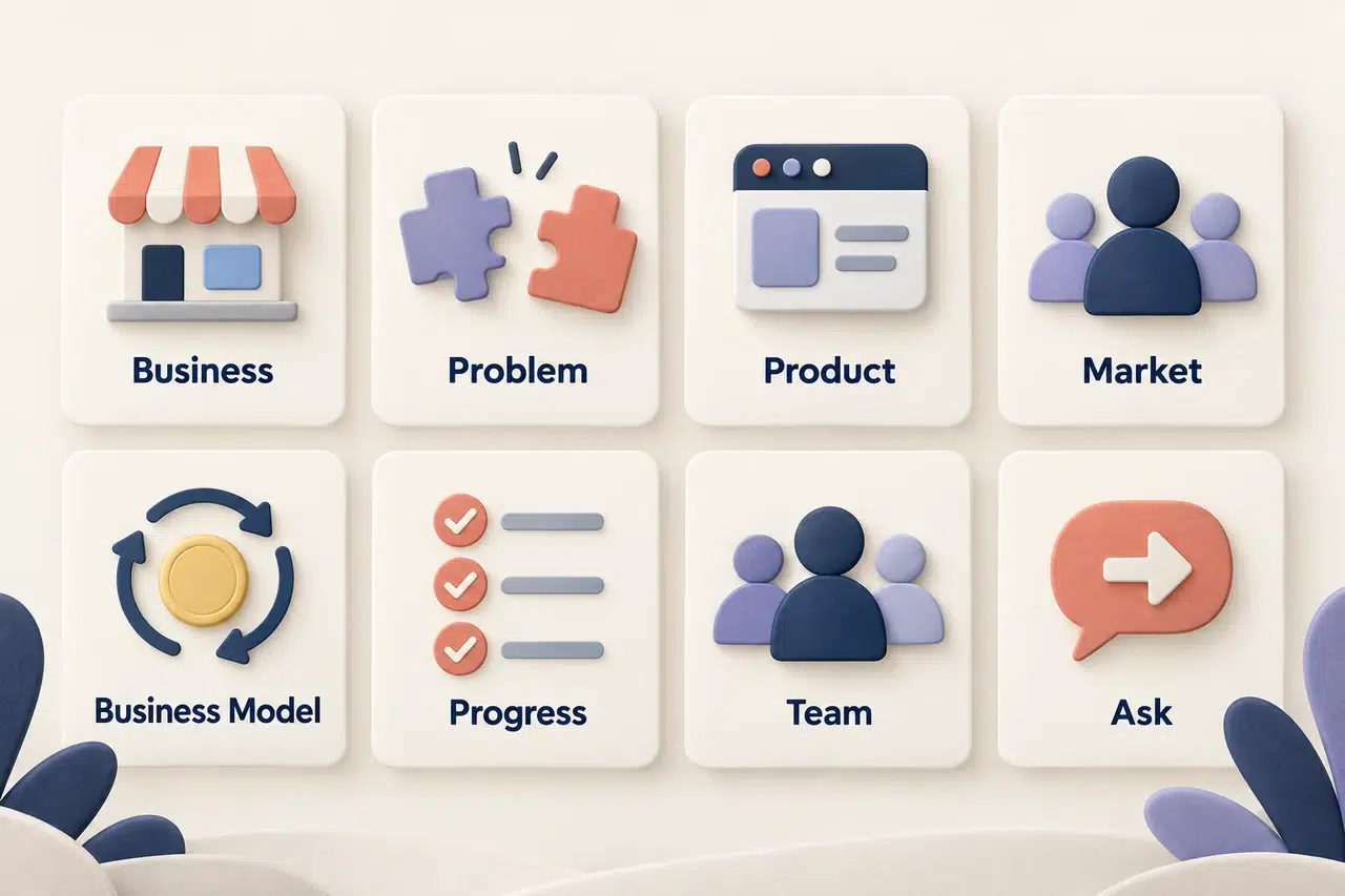 Eight illustrated pitch deck topics: business, problem, product, market, business model, progress, team, and ask