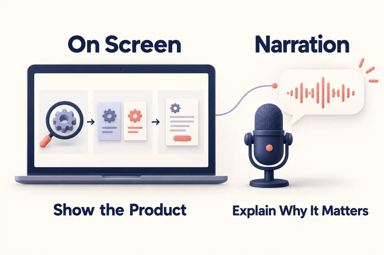 A pitch slide with a three-part product workflow paired with narration explaining the workflow