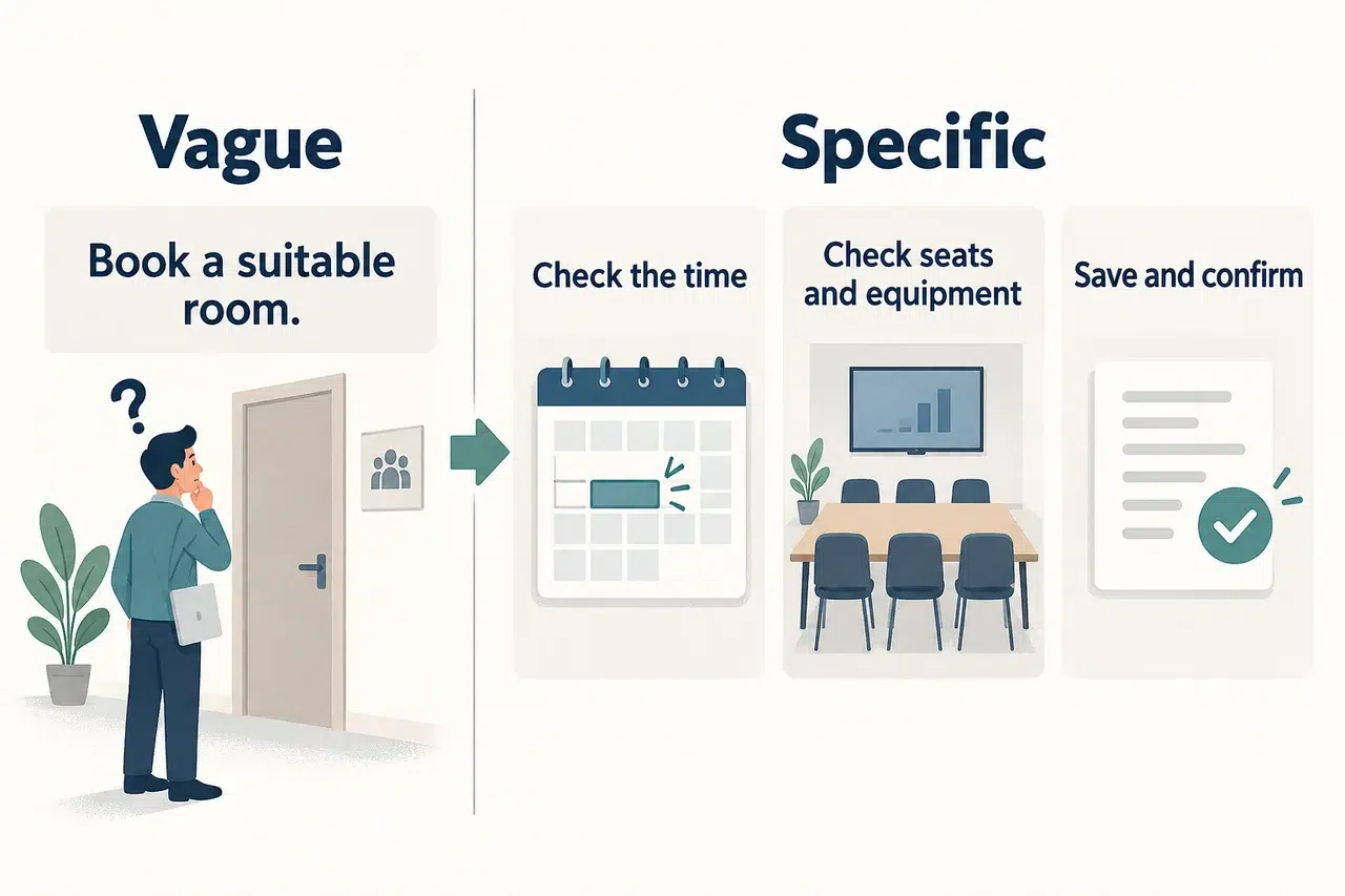 Video SOP comparison of a vague room-booking instruction and specific actions for time, equipment, and confirmation
