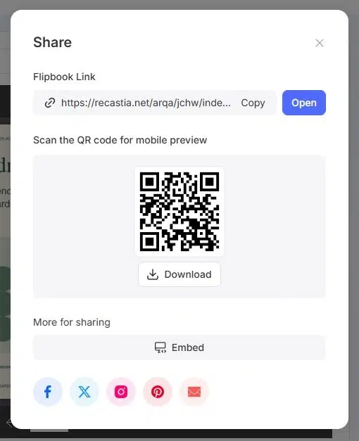 Recastia flipbook sharing link and QR code