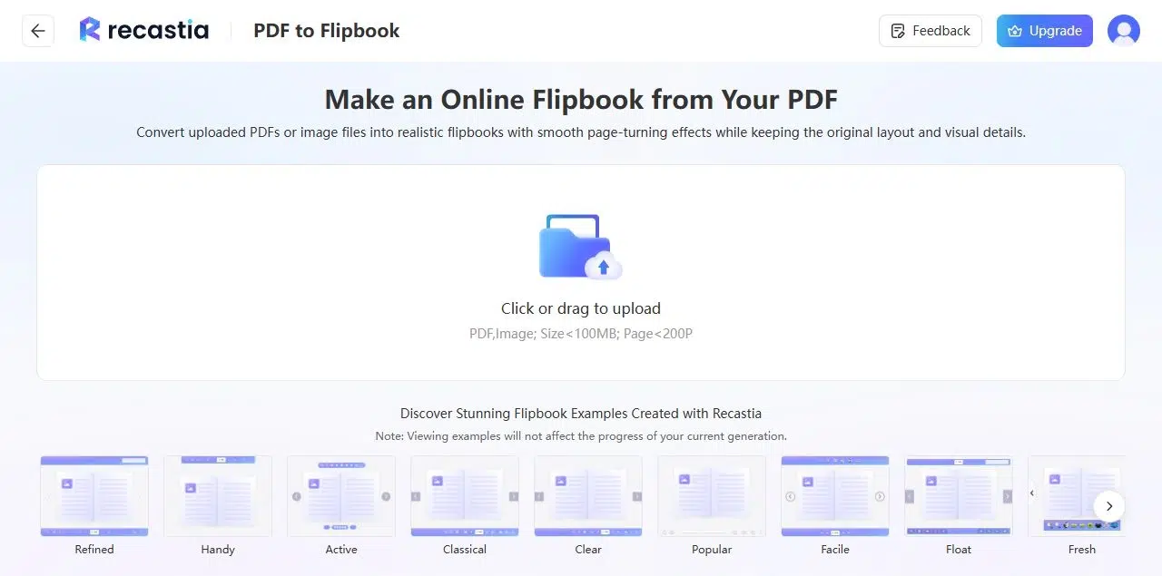 PDF upload area in the Recastia flipbook maker