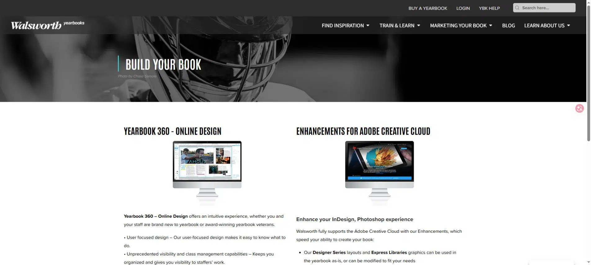 Walsworth yearbook builder page with Yearbook 360 Online Design and Adobe tools