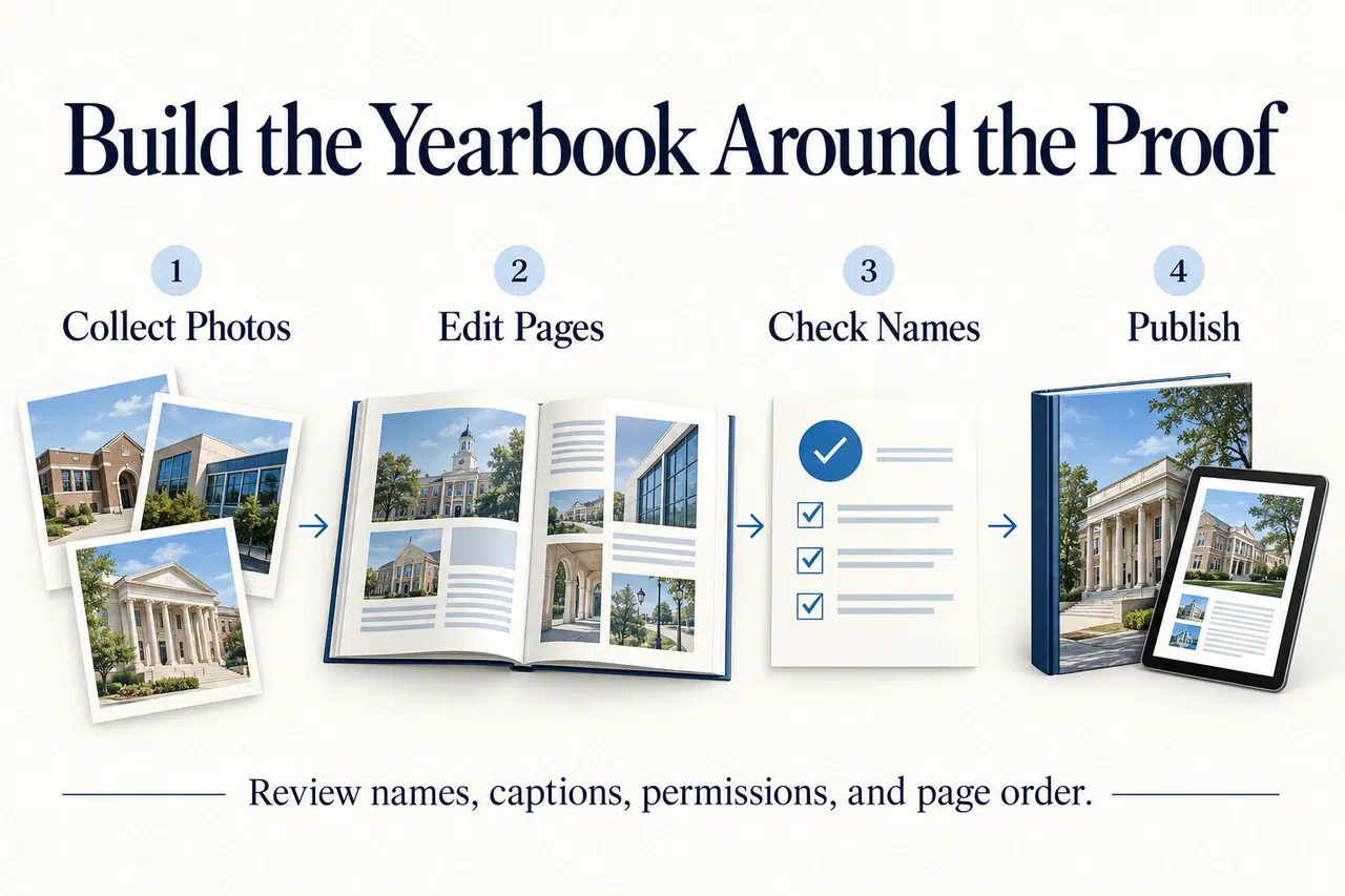 Yearbook production stages for collecting photos, editing pages, checking names, and publishing