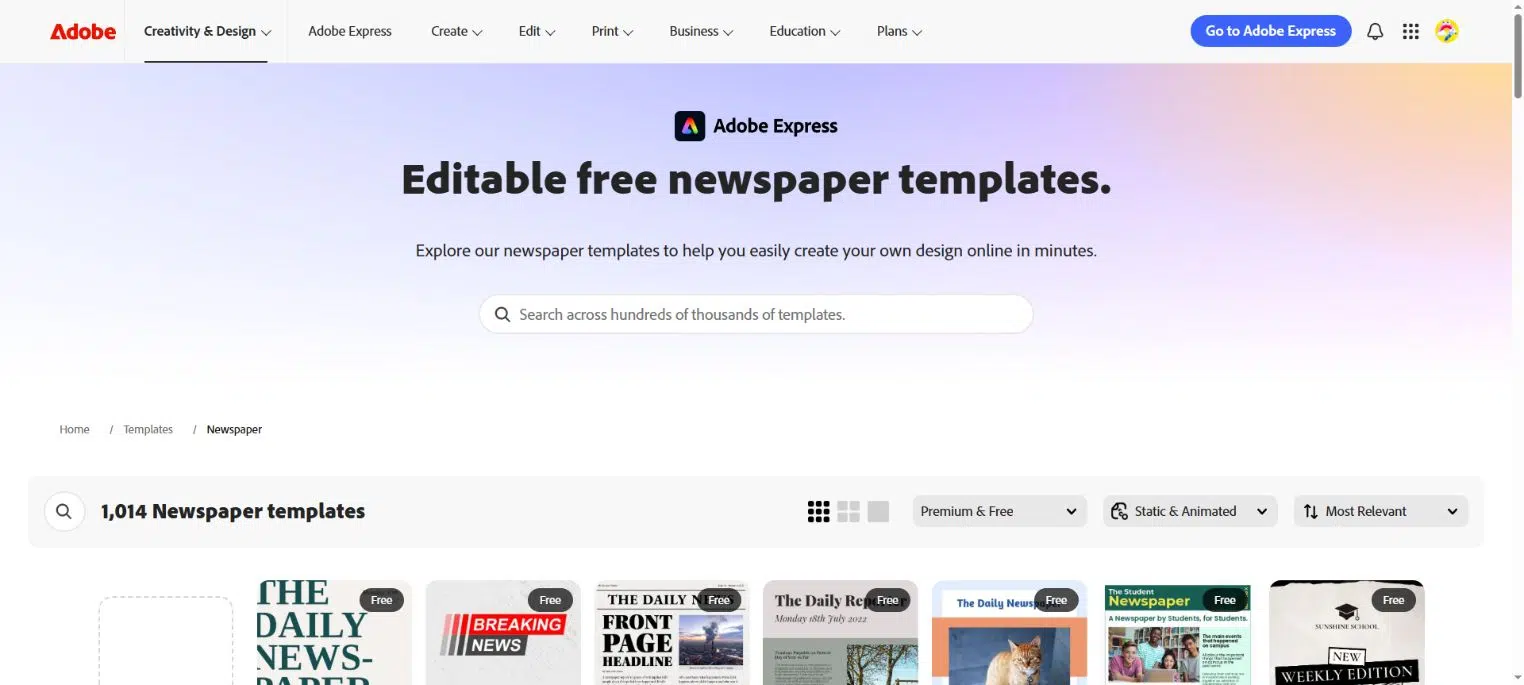 Adobe Express newspaper templates page with newspaper and news-style layouts