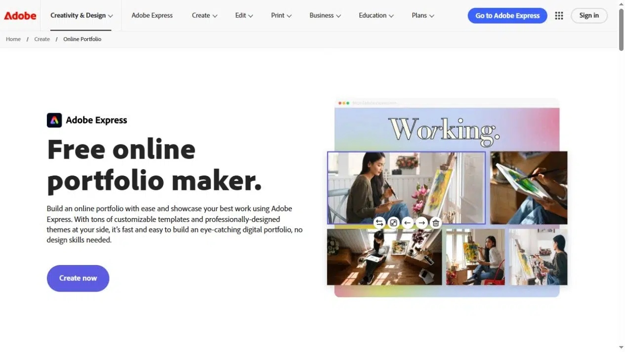 Adobe Express portfolio creation page
