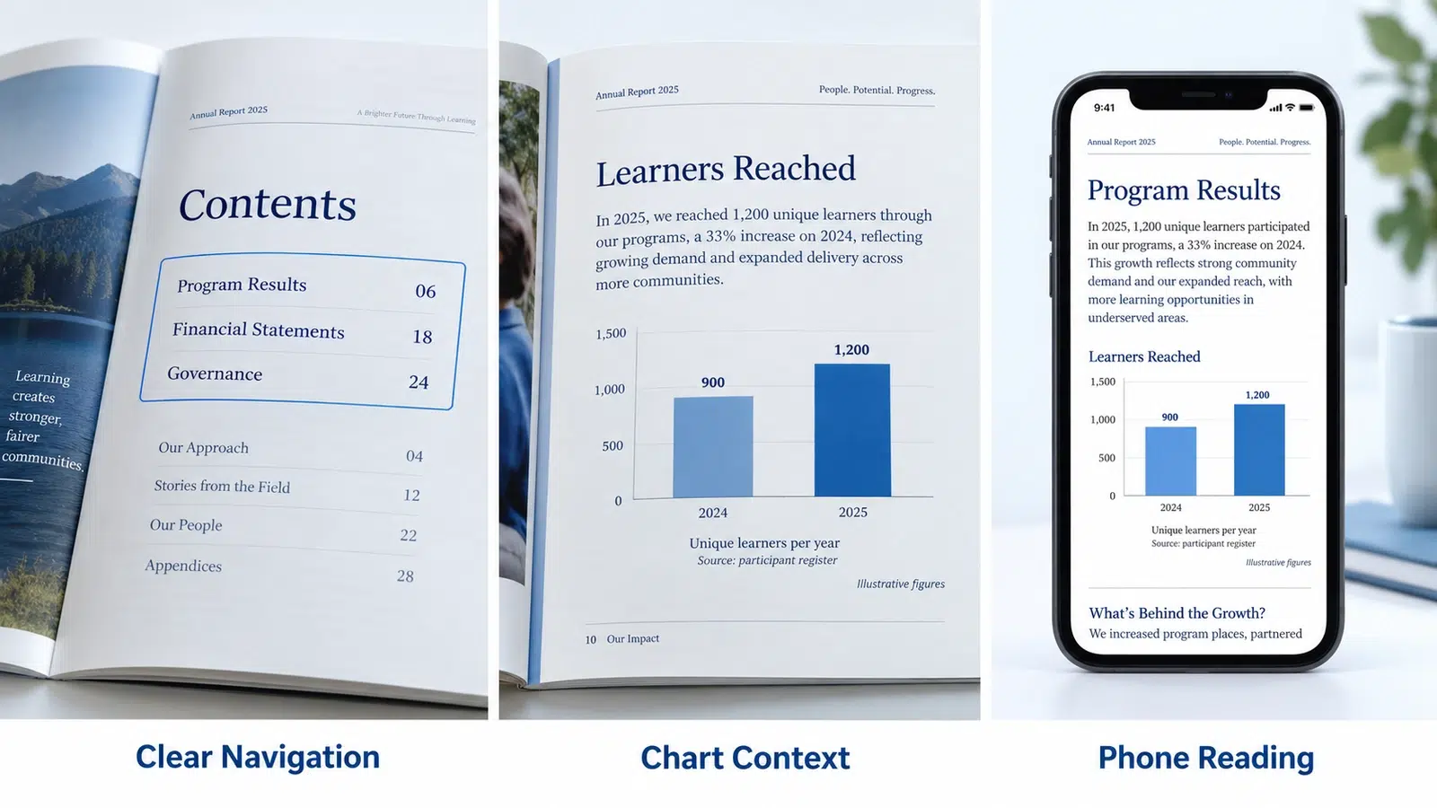 Annual report contents, chart context and phone reading layout shown side by side