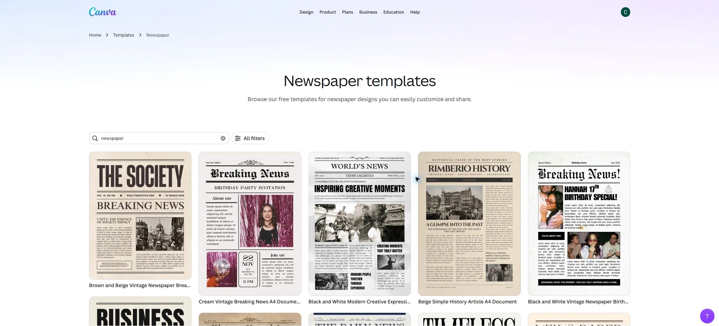 Canva newspaper template gallery with editable newspaper document designs