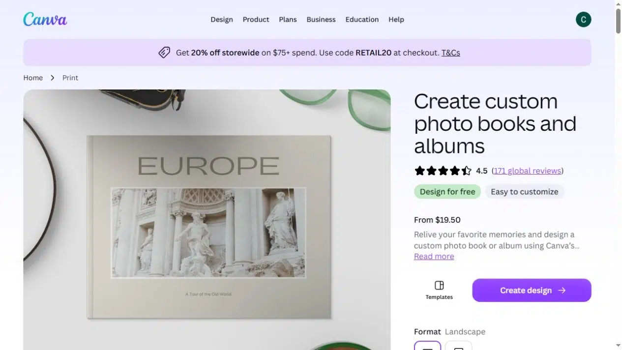 Canva photo book design product page with photo album layouts