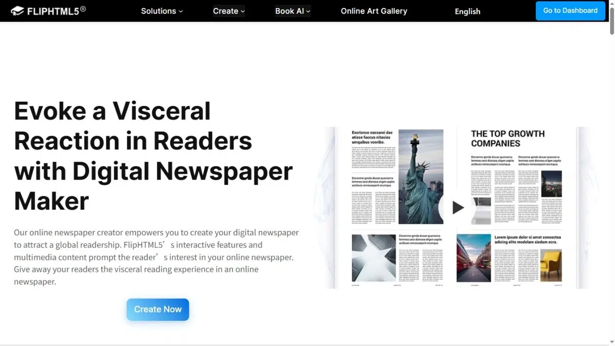 FlipHTML5 digital newspaper product page introducing online newspaper publishing