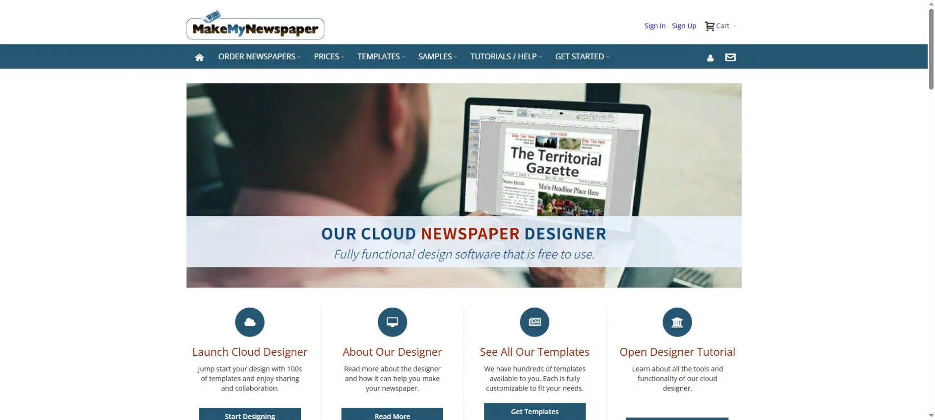 MakeMyNewspaper Cloud Newspaper Designer page with newspaper design and template options