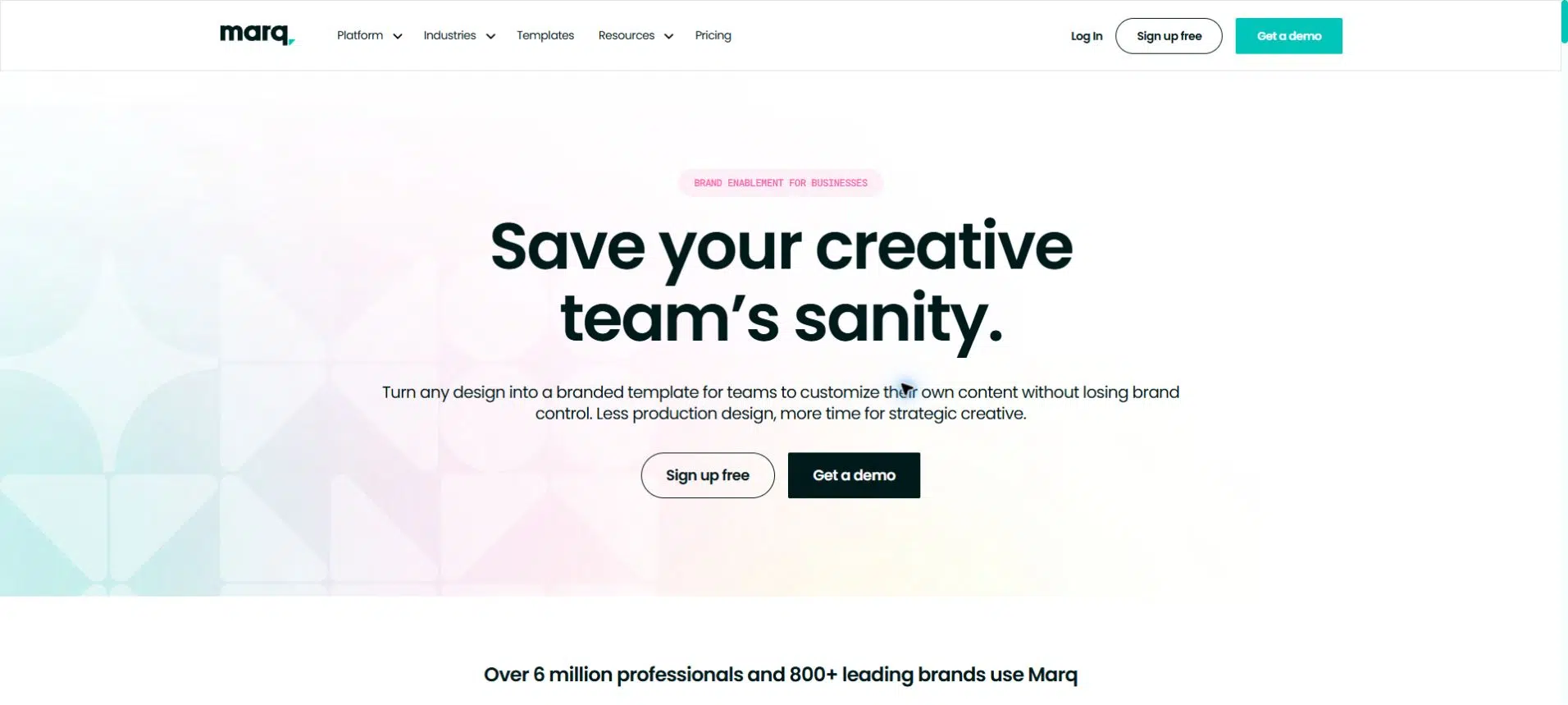 Marq homepage introducing branded templates for teams to customize publications