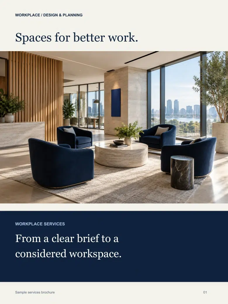 Selected workplace brochure page with an office photograph and service introduction