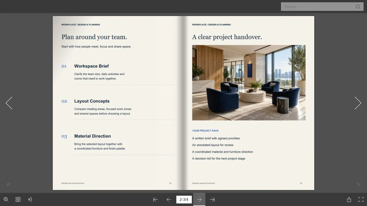 Workplace services brochure open in the Recastia online flipbook reader