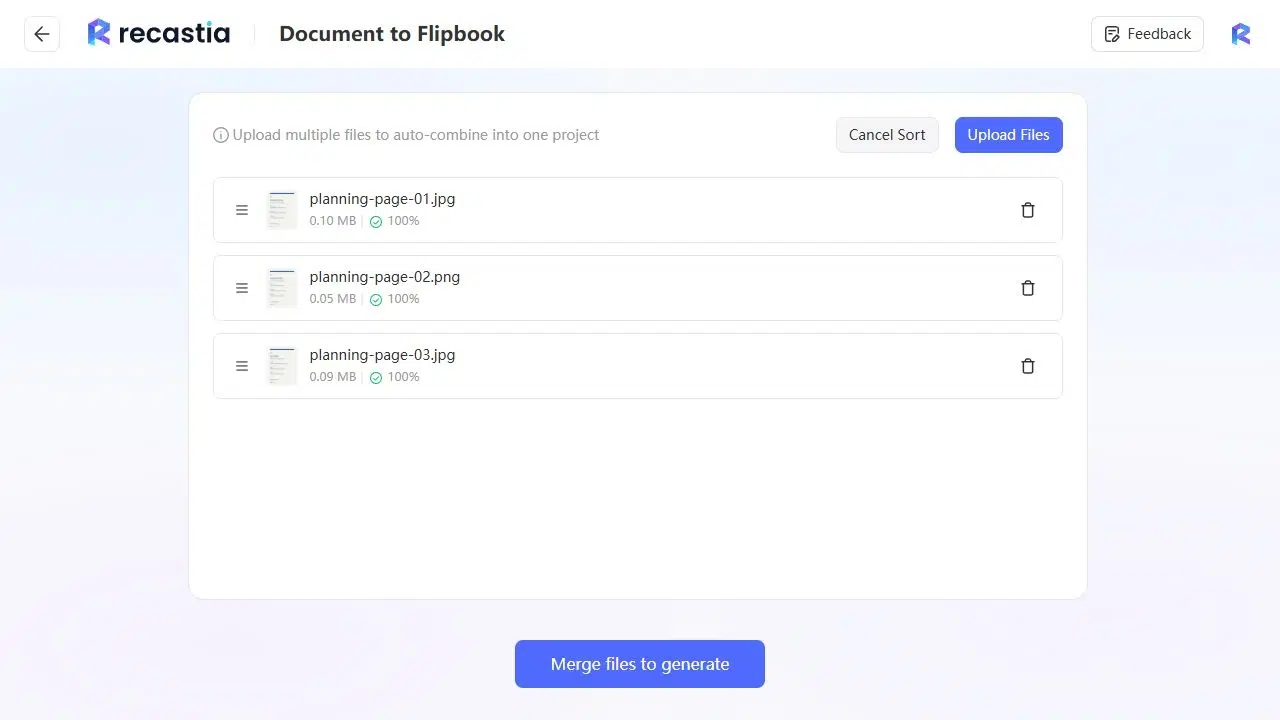 JPG and PNG pages sorted into numbered order before merging in Recastia